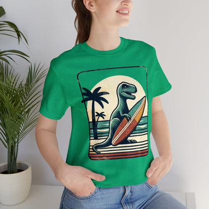 Dinosaur Surfboard Tshirt, Surfing Dino Adult Vintage Distressed Art Designer Graphic Cool 80s Crewneck Men Women Tee Short Sleeve Shirt