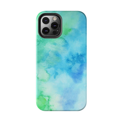 Blue Green Watercolor Tough Phone Case, Tie Dye Colorful Print Cute Cell Iphone 15 14 13 Pro Max 12 11 XS XR X 7 SE 8 Galaxy S24 S23 S22