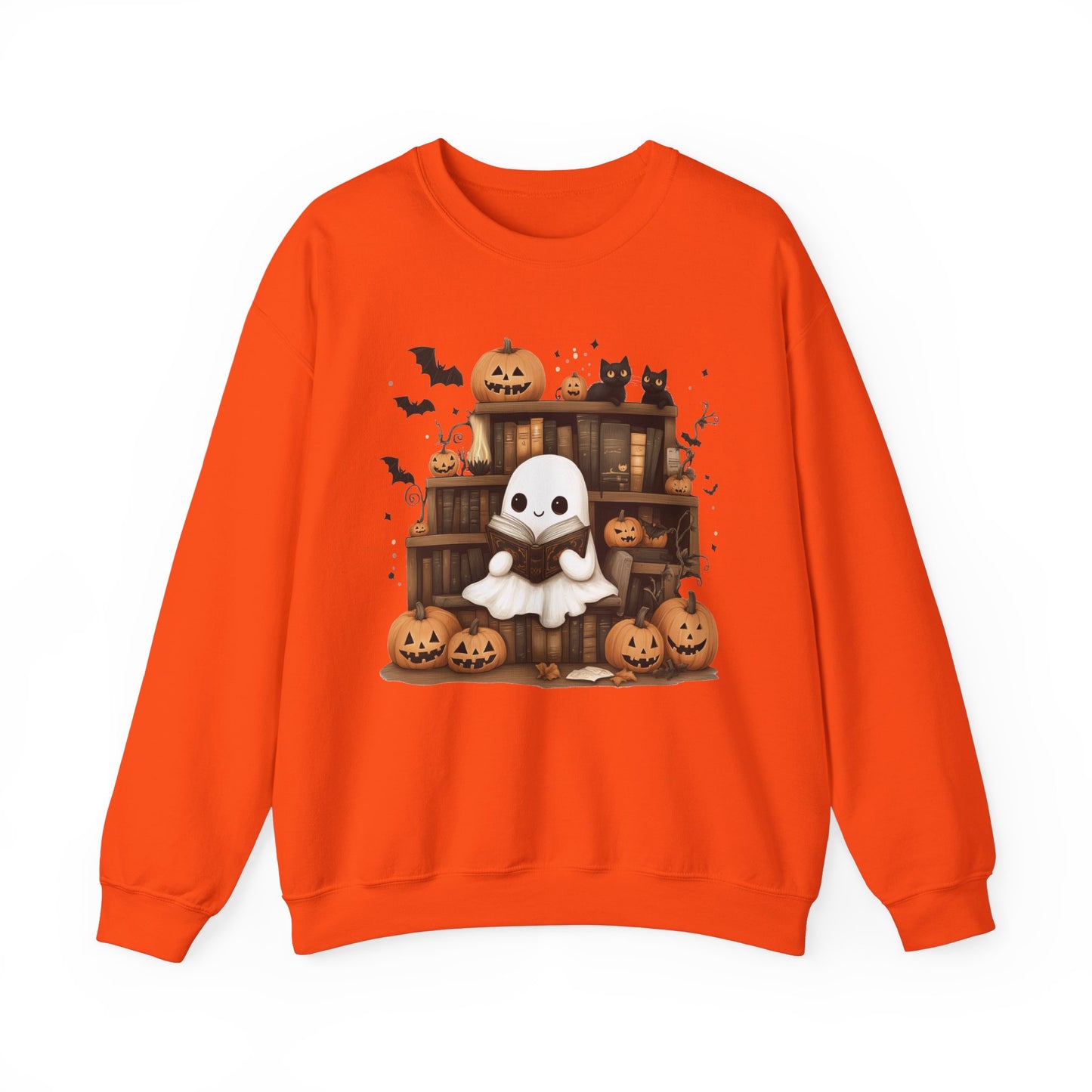 Ghost Reading Books Sweatshirt, Library Halloween Pumpkins Boo School Teacher Graphic Crewneck Cotton Sweater Jumper Pullover Men Women Top