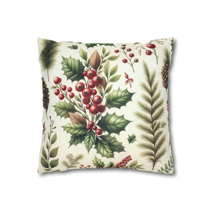 Festive Pine Cone Pillow Cover, Red Berries Botanical Christmas Xmas Watercolor Square Throw Decorative Cover Cushion 20 x 20 Zipper Holiday