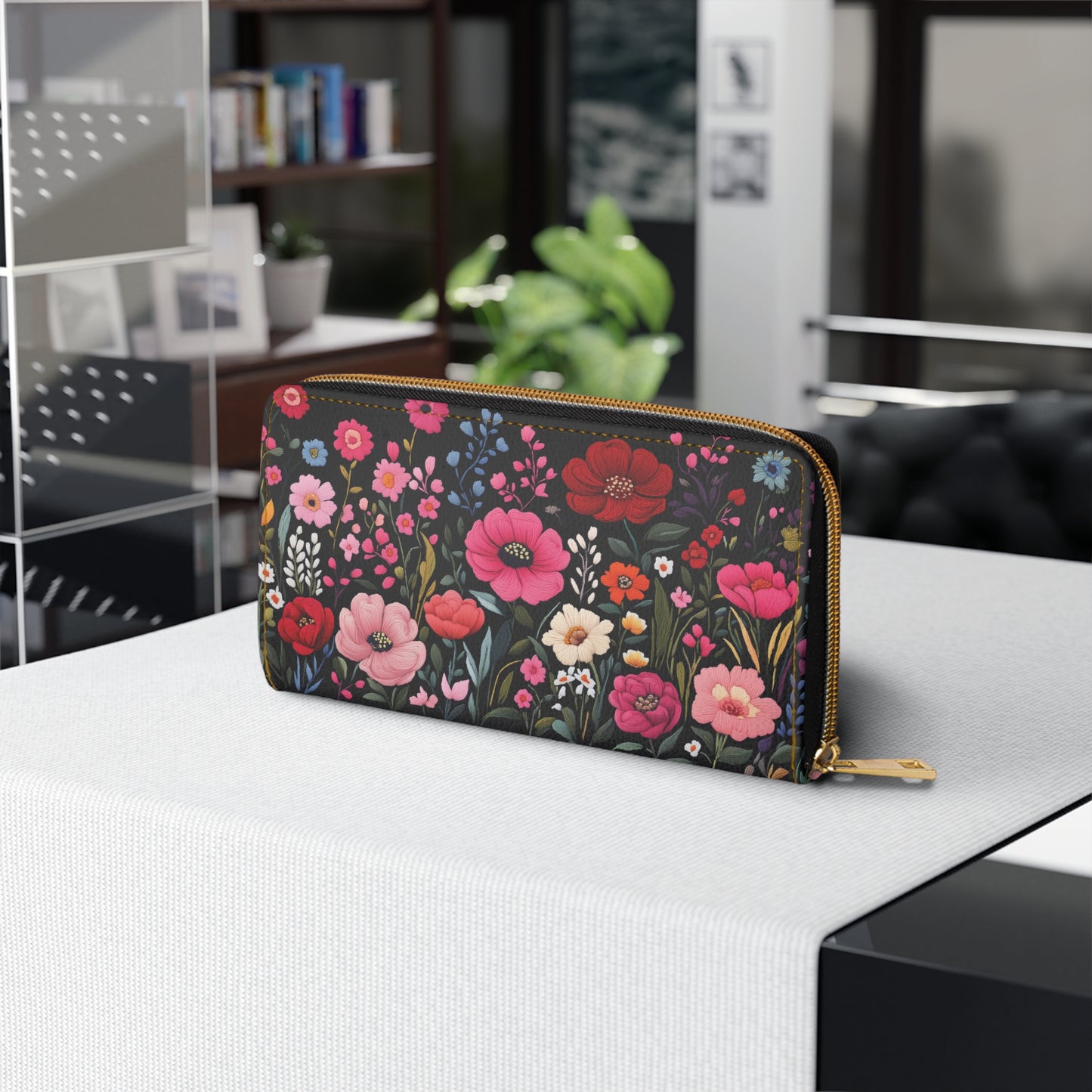 Pink Floral Leather Wallet Women, Flowers Faux Embroidery Vegan Zipper Zip Coins Credit Cards Pocket Cash Ladies Pouch Slim Clutch Purse