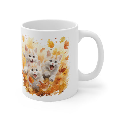 Cats Playing Fall Coffee Mug, Autumn Leaves Kittens Funny Thanksgiving Cute Art Ceramic Cup Tea Hot Chocolate Unique Cool Novelty