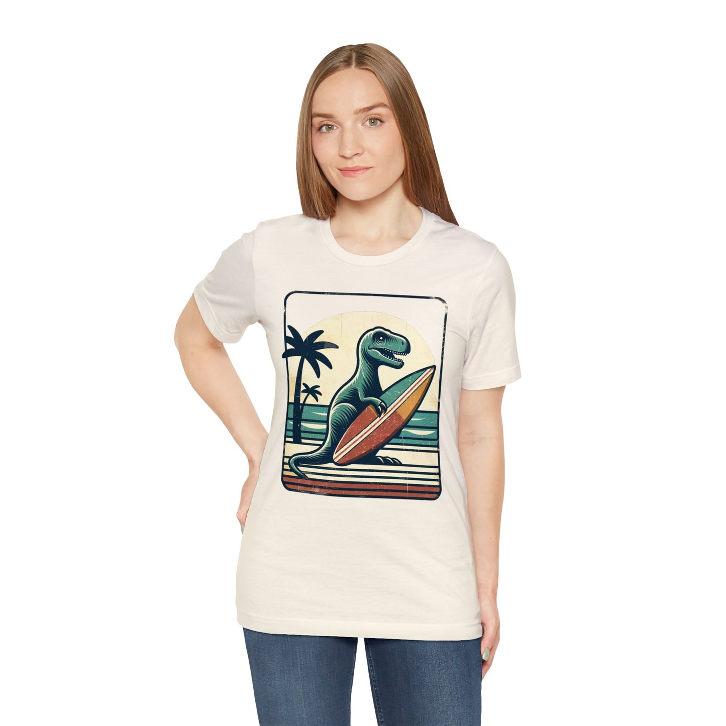 Dinosaur Surfboard Tshirt, Surfing Dino Adult Vintage Distressed Art Designer Graphic Cool 80s Crewneck Men Women Tee Short Sleeve Shirt