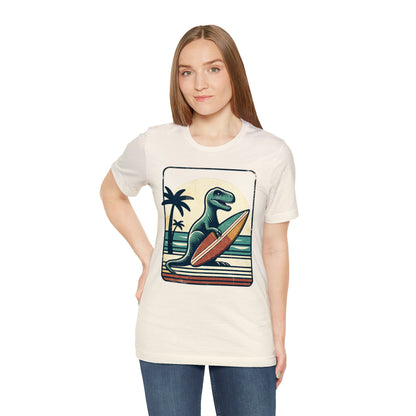 Dinosaur Surfboard Tshirt, Surfing Dino Adult Vintage Distressed Art Designer Graphic Cool 80s Crewneck Men Women Tee Short Sleeve Shirt