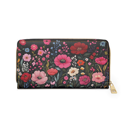 Pink Floral Leather Wallet Women, Flowers Faux Embroidery Vegan Zipper Zip Coins Credit Cards Pocket Cash Ladies Pouch Slim Clutch Purse