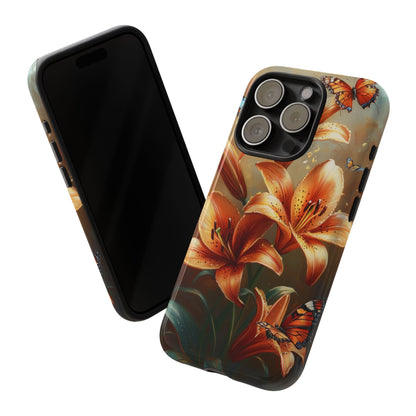 Cute Tiger Lily Tough Phone Case, Flowers Floral Butterfly iPhone 16 15 14 13 Pro Max 12 11 8 Plus X XR XS Galaxy S24 S23 S22 S21 Pixel