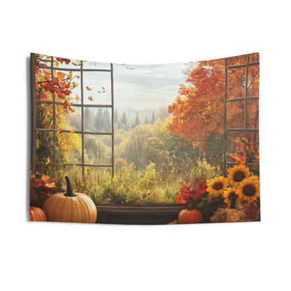 Fall Window Tapestry, Trees Leaf Pumpkin Sunflowers Autumn Wall Art Hanging Cool Unique Landscape Large Small Decor Bedroom College Dorm