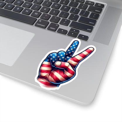 Hand Peace Sign Sticker Decal, American Flag Patriotic Art Vinyl Laptop Cute Waterbottle Tumbler Car Waterproof Bumper Small Large Clear