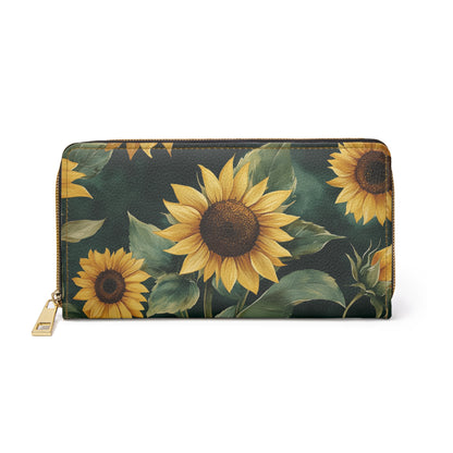 Sunflower Leather Wallet Women, Floral Flowers Vegan Zipper Zip Around Coins Credit Cards Pocket Cash Ladies Female Pouch Slim Clutch Purse