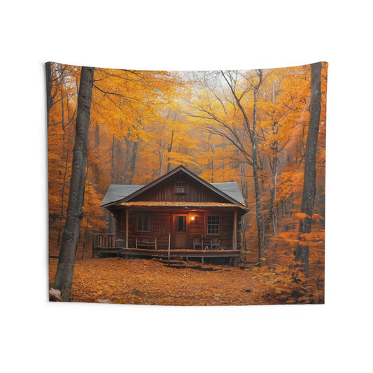 Fall Cabin Tapestry, Tree Leaf Foliage  Autumn Wall Art Hanging Cool Unique Landscape Aesthetic Large Small Decor Bedroom College Dorm Room