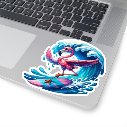 Flamingo Surfing Sticker Decal, Pink Funny Character Water Art Vinyl Laptop Cool Waterbottle Tumbler Car Waterproof Bumper Clear Aesthetic