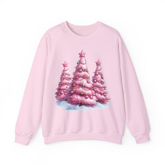 Pink Christmas Trees Sweatshirt, Xmas Winter Holiday Graphic Crewneck Fleece Cotton Sweater Jumper Pullover Men Women Adult Designer Top