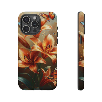 Cute Tiger Lily Tough Phone Case, Flowers Floral Butterfly iPhone 16 15 14 13 Pro Max 12 11 8 Plus X XR XS Galaxy S24 S23 S22 S21 Pixel