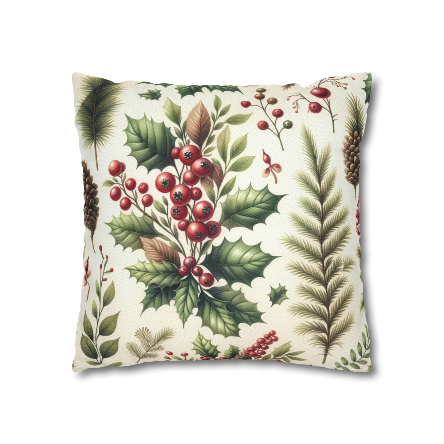 Festive Pine Cone Pillow Cover, Red Berries Botanical Christmas Xmas Watercolor Square Throw Decorative Cover Cushion 20 x 20 Zipper Holiday