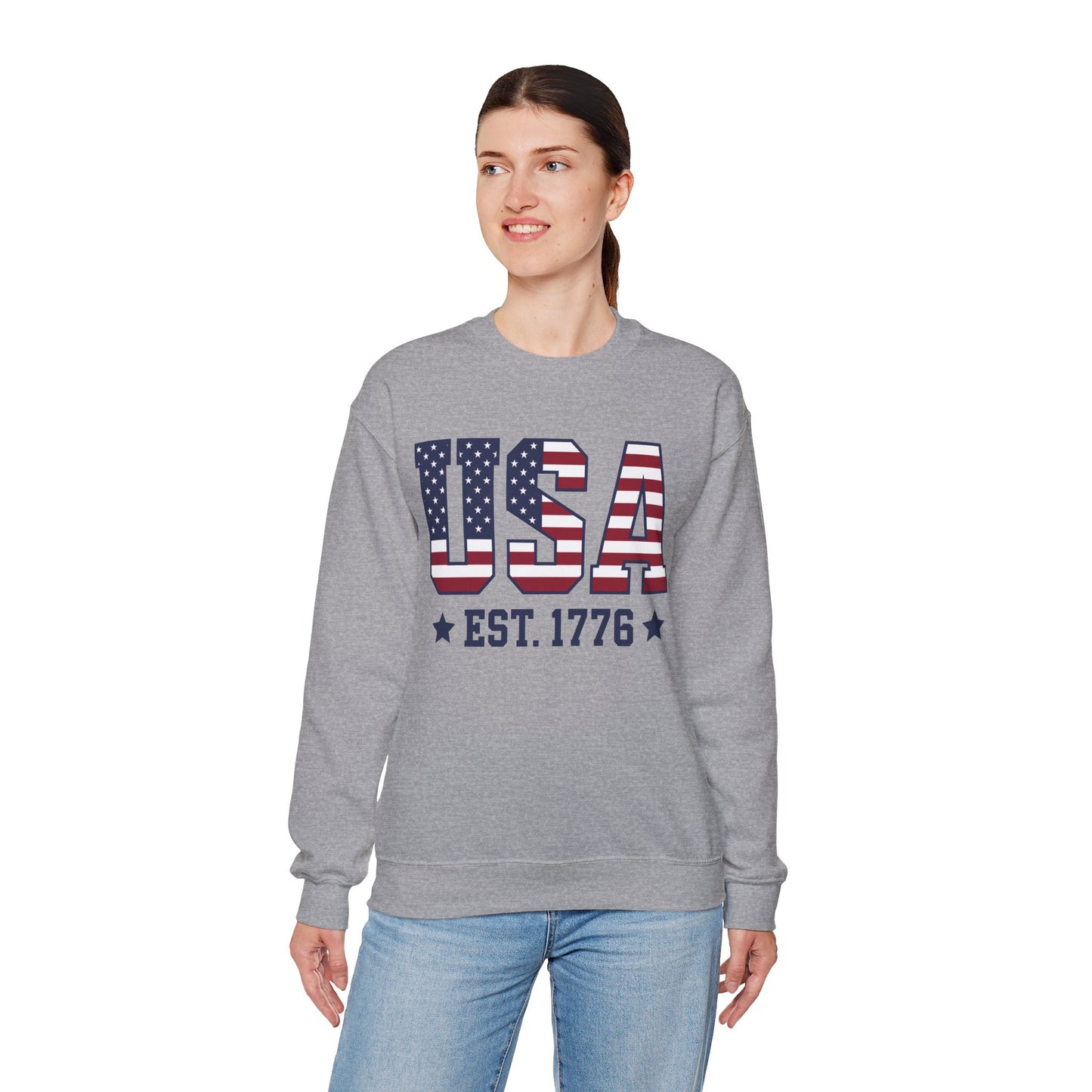 USA Est 1776 Sweatshirt, American Flag Stars Stripes Patriotic Retro Vintage Graphic Crewneck Cotton Sweater Jumper Pullover Men Women Top