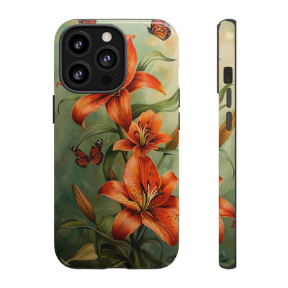 Tiger Lily Tough Phone Case, Flowers Floral Butterfly iPhone 16 15 14 13 Pro Max 12 11 8 Plus X XR XS Galaxy S24 S23 S22 S21 Google Pixel