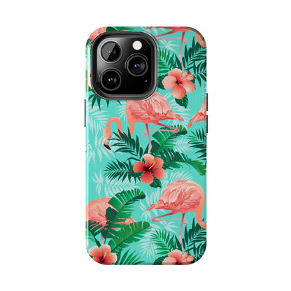 Pink Flamingo iPhone 15 14 13 12 11 Pro Max Tough Case, Green Tropical Monstera Print Cute Gift XS XR X 7 Plus 8 Cell Phone Galaxy