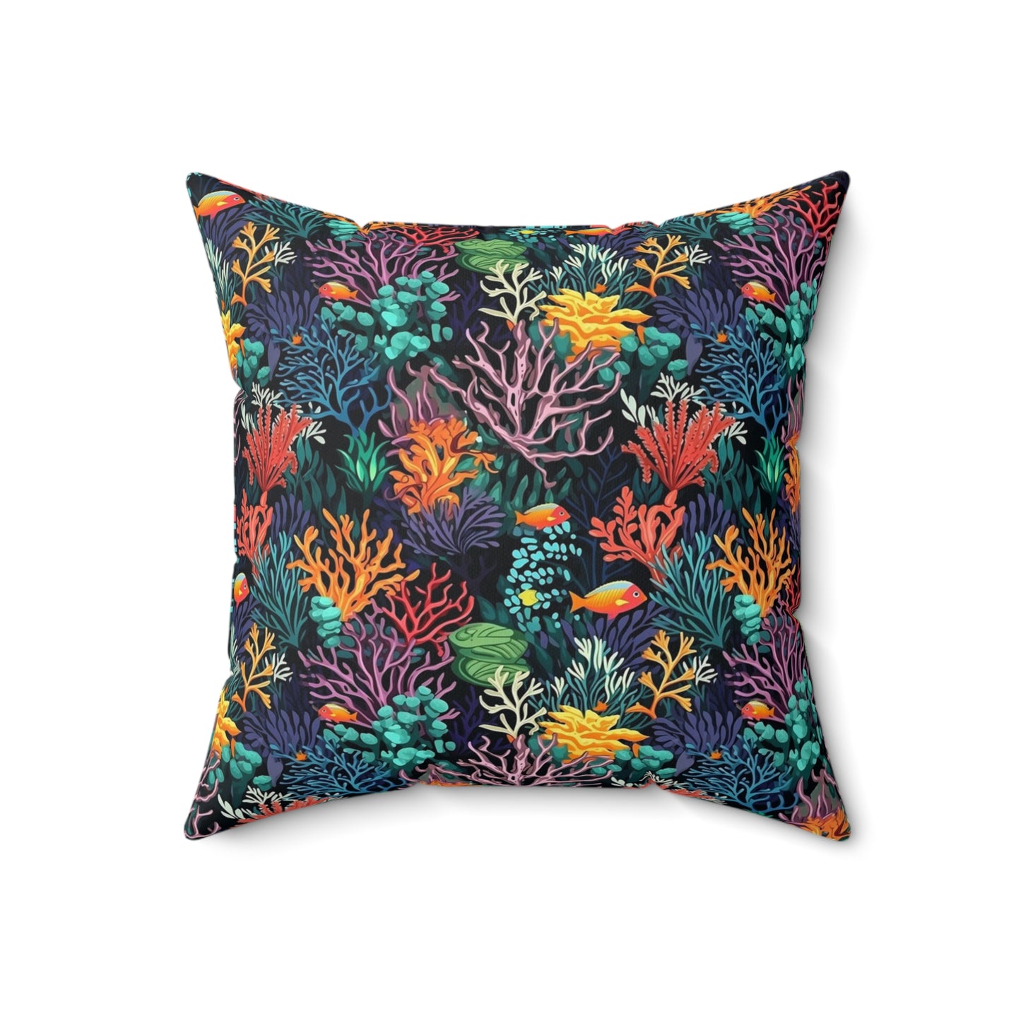 Coral Reef Filled Pillow with Insert, Coastal Ocean Tropical Fish Beach Square Throw Accent Decorative Room Decor Floor Sofa Couch Cushion