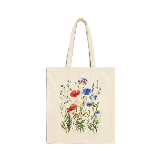 Wildflowers Cotton Tote Bag, Watercolor Floral Flowers Art Cute Designer Canvas Cloth Shopping Travel Reusable Aesthetic Shoulder Eco Bag