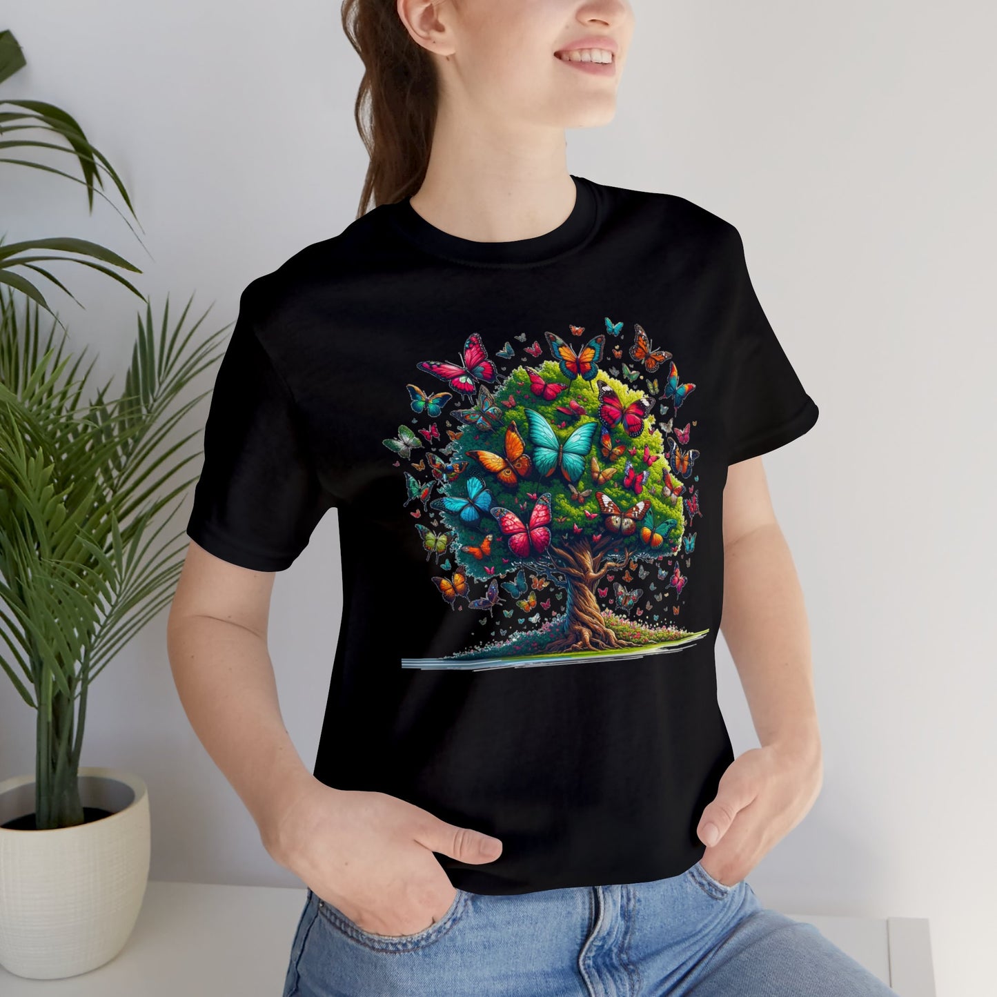 Butterflies Tree Tshirt, Butterfly Nature Garden Designer Graphic Aesthetic Crewneck Men Women Tee Top Short Sleeve Shirt