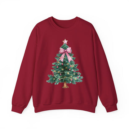 Christmas Tree Pink Bow Sweatshirt,  Coquette Cute Xmas Holiday Print Women Men Vintage Party Winter Holiday Outfit Plus Size Sweater