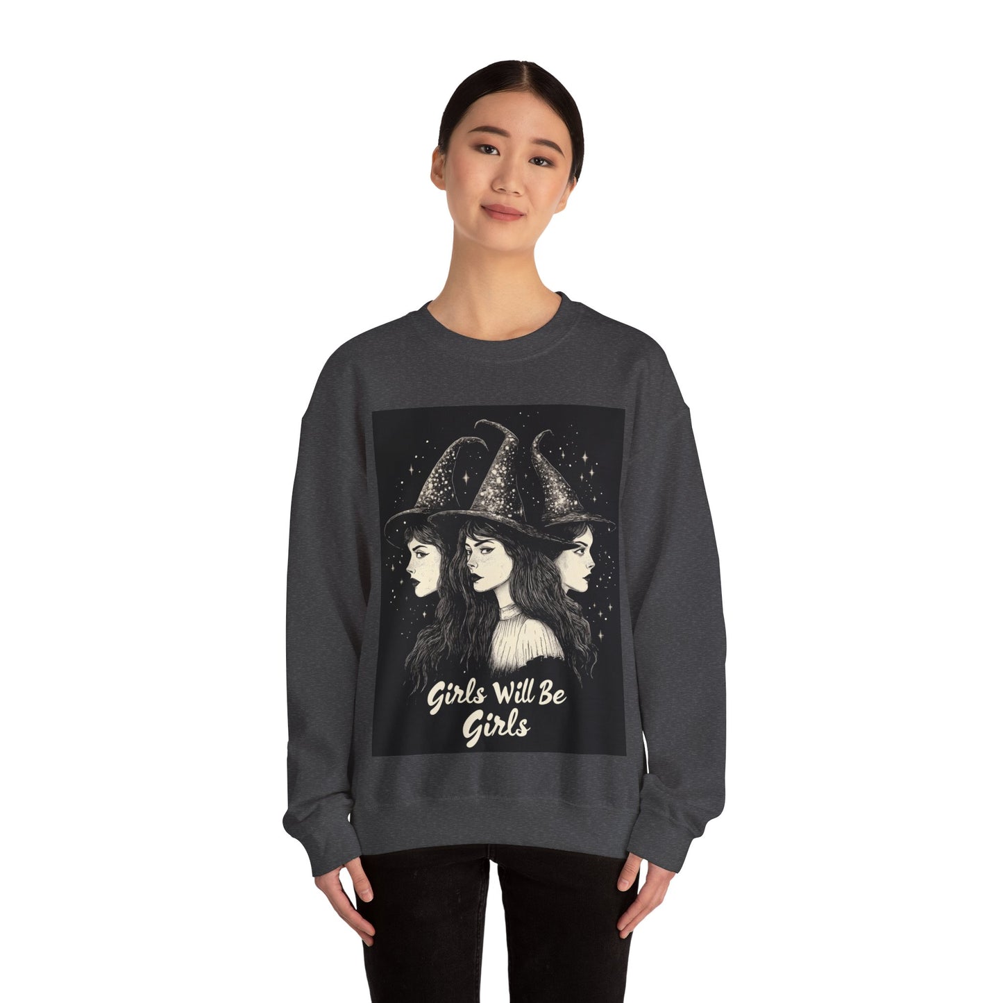 Witches Girls Will Be Girls Sweatshirt, Vintage Retro Halloween Feminist Graphic Crewneck Cotton Sweater Jumper Pullover Women Unisex Top