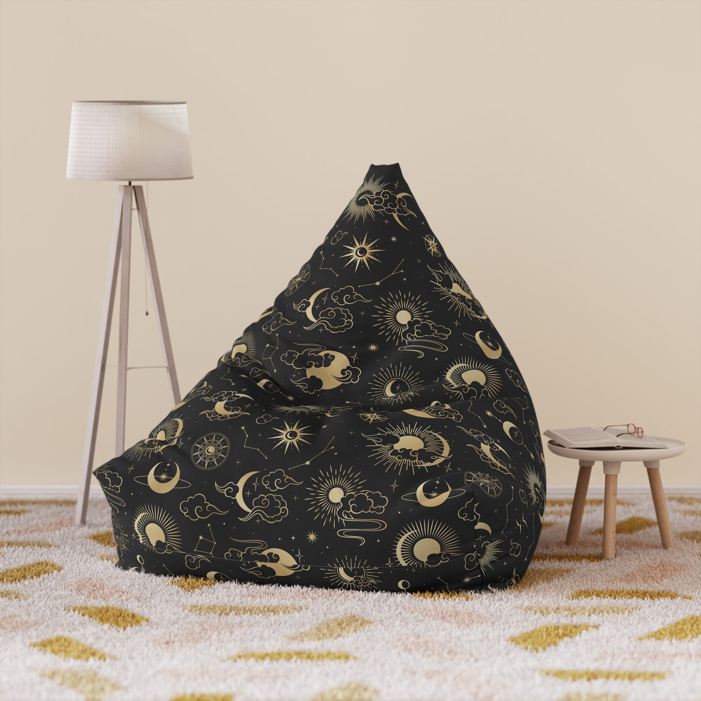 Moon Sun Bean Bag Chair Cover, Space Stars Constellation Black Washable Triangle Furniture Small Large Adult Children Kids Dorm Sack Gaming