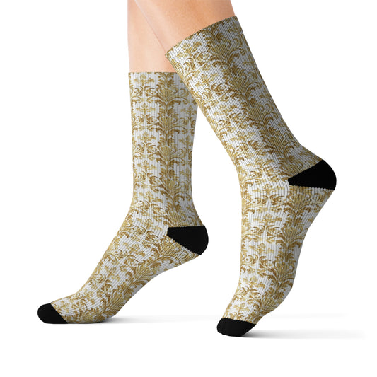 Baroque Socks, Gold White Luxury Crew Sublimation Women Men Designer Fun Novelty Cool Funky Crazy Casual Cute Unique Dress