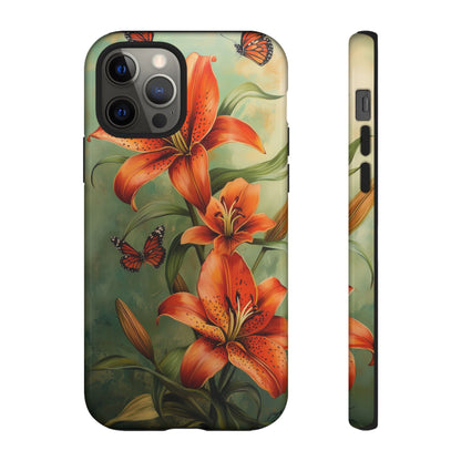 Tiger Lily Tough Phone Case, Flowers Floral Butterfly iPhone 16 15 14 13 Pro Max 12 11 8 Plus X XR XS Galaxy S24 S23 S22 S21 Google Pixel