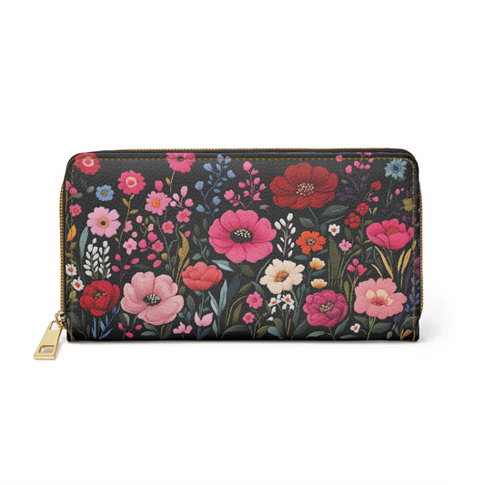 Pink Floral Leather Wallet Women, Flowers Faux Embroidery Vegan Zipper Zip Coins Credit Cards Pocket Cash Ladies Pouch Slim Clutch Purse