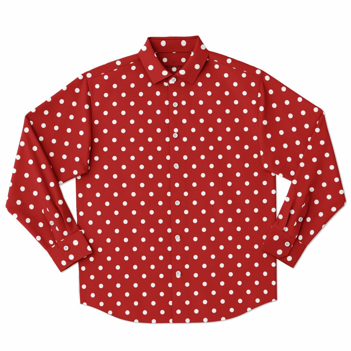 Red White Polka Dots Long Sleeve Men Button Up Shirt, Guys Male Print Buttoned Down Collared Graphic Casual Dress Plus Size Shirt