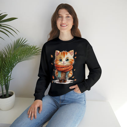 Cat Scarf Sweatshirt, Kitten Fall Autumn Leaves Graphic Crewneck Fleece Cotton Sweater Jumper Pullover Men Women Adult Aesthetic Top Starcove Fashion