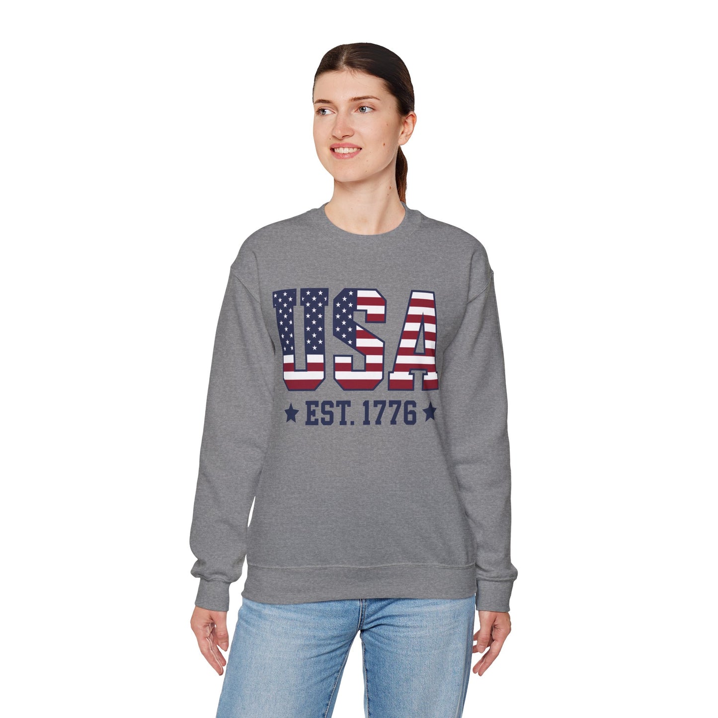 USA Est 1776 Sweatshirt, American Flag Stars Stripes Patriotic Retro Vintage Graphic Crewneck Cotton Sweater Jumper Pullover Men Women Top