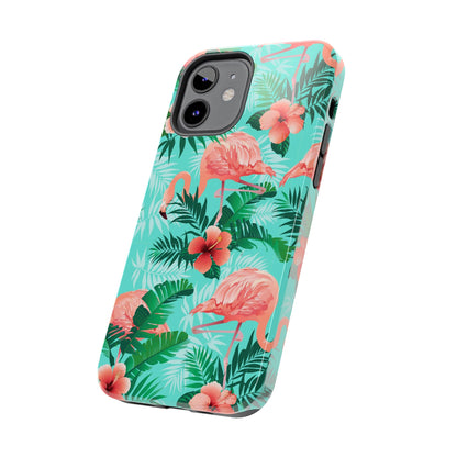 Pink Flamingo iPhone 15 14 13 12 11 Pro Max Tough Case, Green Tropical Monstera Print Cute Gift XS XR X 7 Plus 8 Cell Phone Galaxy