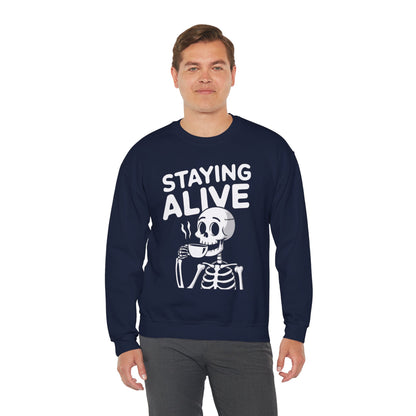 Staying Alive Coffee Sweatshirt, Skeleton Halloween Funny Graphic Crewneck Fleece Cotton Sweater Jumper Pullover Men Women Adult Top