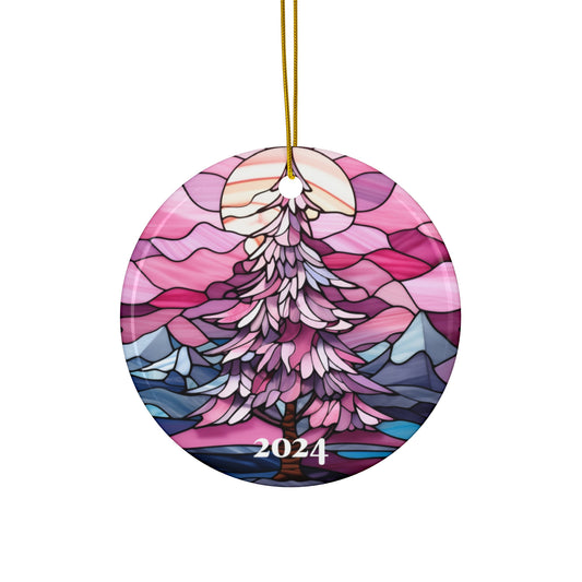 Pink Christmas 2024 Ornament, Printed Stained Glass Tree Decoration Holiday Gift Idea Heirloom Keepsake Round Ceramic Xmas Tree