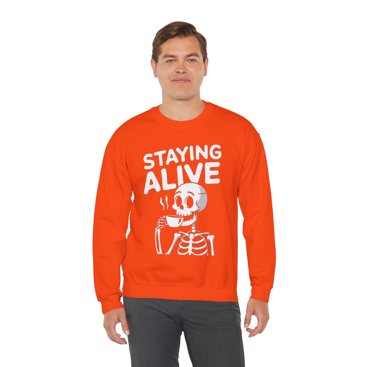 Staying Alive Coffee Sweatshirt, Skeleton Halloween Funny Graphic Crewneck Fleece Cotton Sweater Jumper Pullover Men Women Adult Top