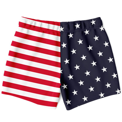 American Flag Men Swim Trunks, USA Patriotic Stars Stripes Red White Blue 4th of July Bathing Shorts Beach Surf Swimwear Male Pockets Lining