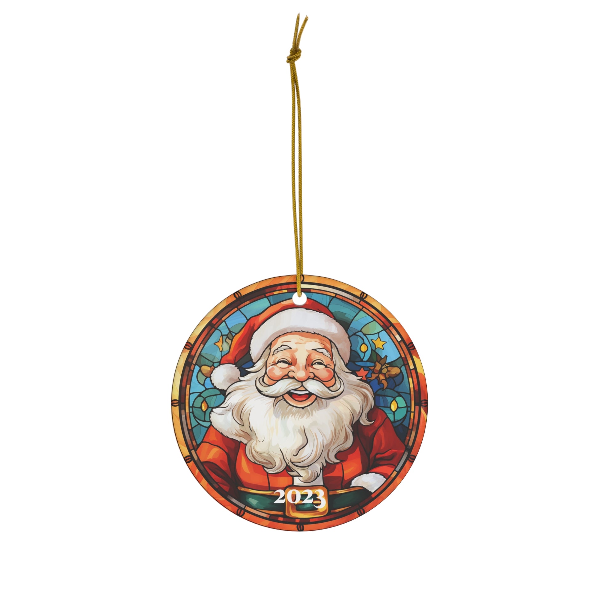Santa Claus Christmas 2023 Ornament, Printed Stained Glass Tree Decoration Holiday Heirloom Keepsake Round Ceramic Xmas Tree Starcove Fashion