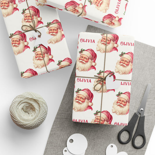 Personalized Santa Claus  Wrapping Paper, Christmas Custom Name Xmas Packing Holiday Gift Wrap Decorative Vintage Present Wrapper Roll