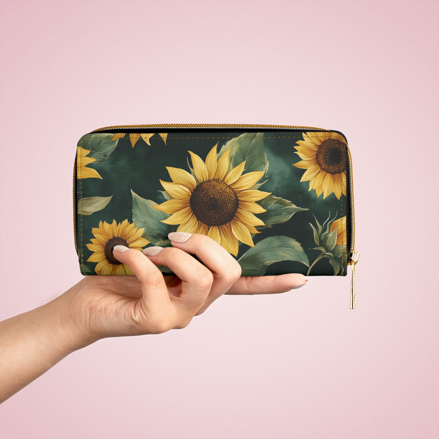 Sunflower Leather Wallet Women, Floral Flowers Vegan Zipper Zip Around Coins Credit Cards Pocket Cash Ladies Female Pouch Slim Clutch Purse