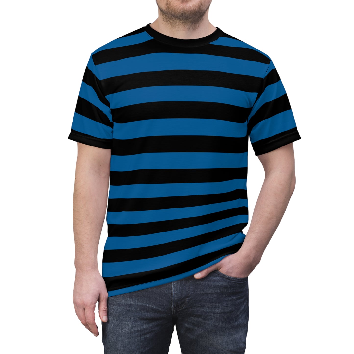 Black and Blue Striped Men T Shirt, Vintage Wide Horizontal Stripes 90s Adult Unisex Male Designer Lightweight Heavyweight Crewneck Guys Tee