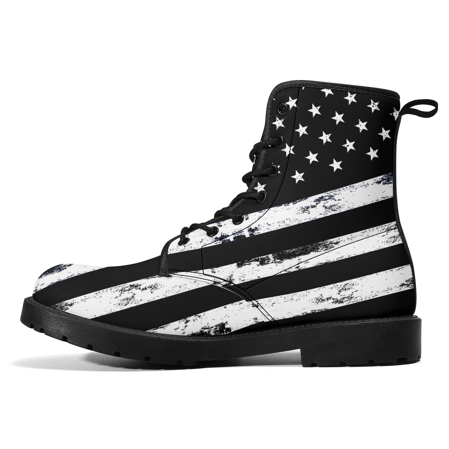 Black American Flag Men Leather Boots, Distressed Stars Stripes USA Patriotic Lace Up Shoes Festival Ankle Combat Work Hiking Gift Starcove Fashion