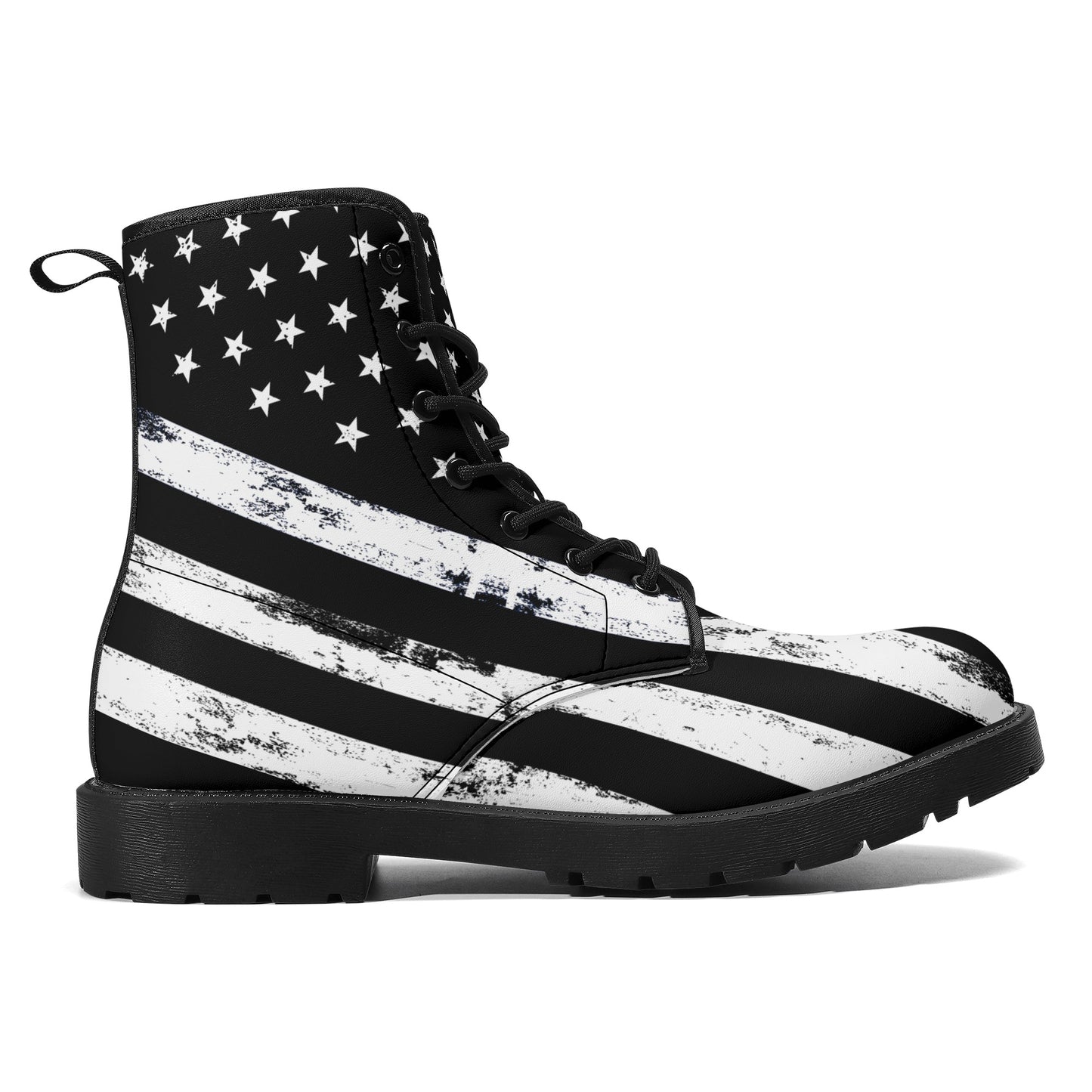 Black American Flag Men Leather Boots, Distressed Stars Stripes USA Patriotic Lace Up Shoes Festival Ankle Combat Work Hiking Gift Starcove Fashion