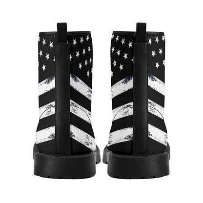 Black American Flag Men Leather Boots, Distressed Stars Stripes USA Patriotic Lace Up Shoes Festival Ankle Combat Work Hiking Gift Starcove Fashion