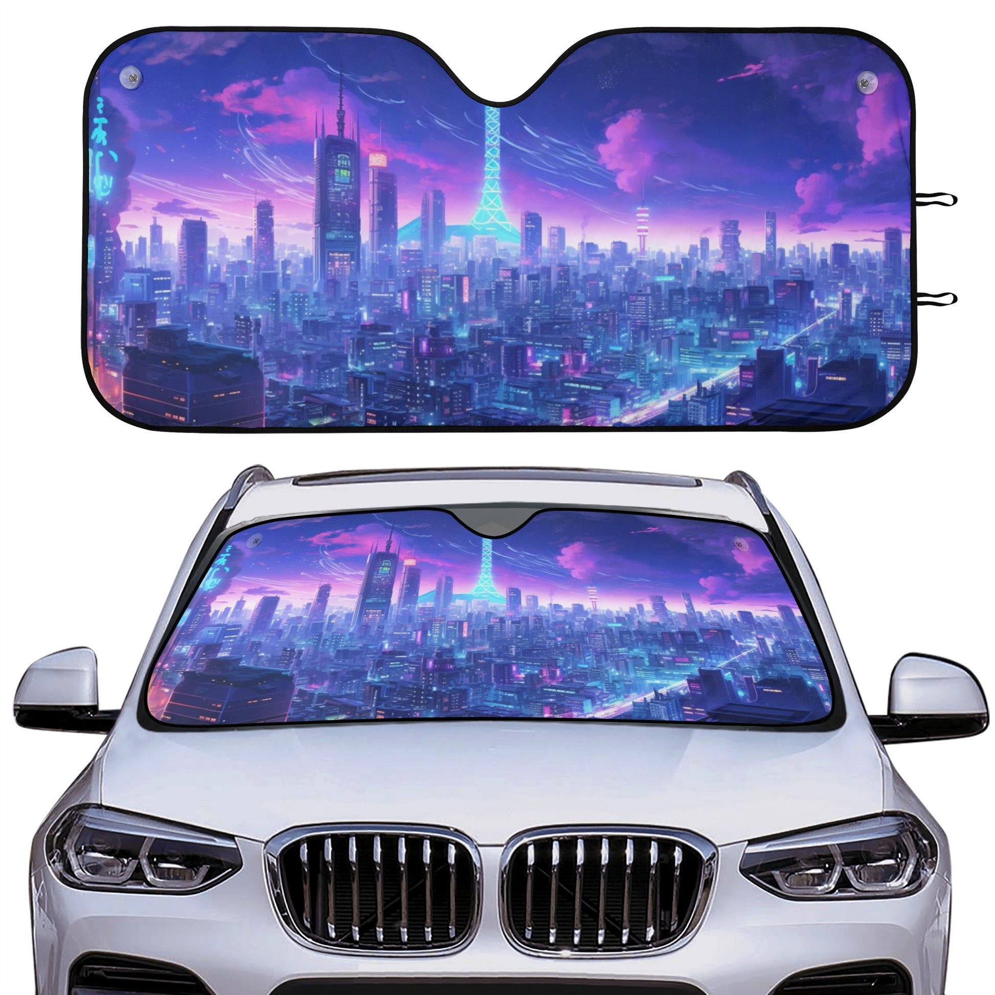 Tokyo Skyline Car Sun Shade, Anime Purple Front Windshield Cover Blocker Auto Protector Window Visor Screen Shield Men Women SUV Truck Starcove Fashion