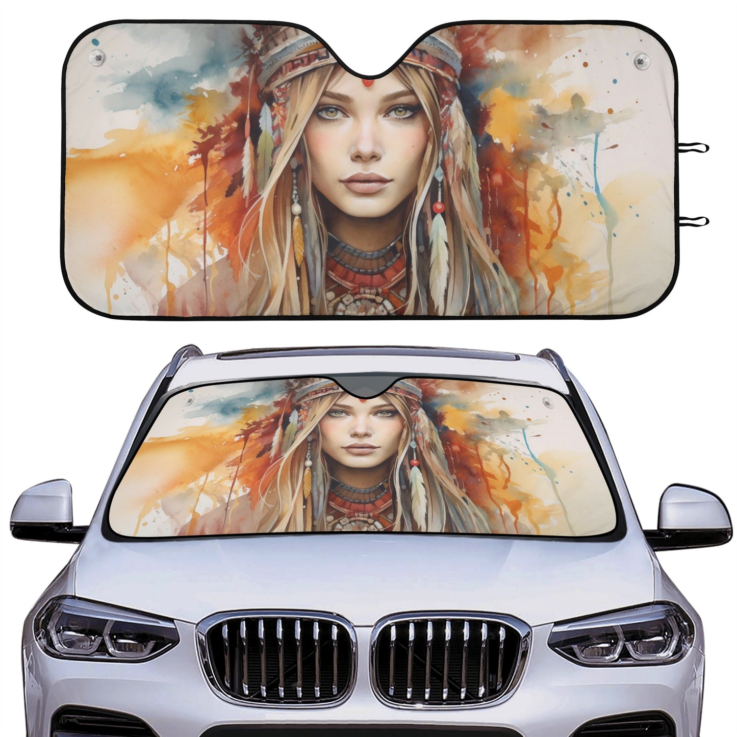 Boho Woman Car Sun Shade, Bohemian Front Windshield Coverings Blocker Auto Protector Window Visor Screen Cover Shield Men Ladies SUV Truck Starcove Fashion