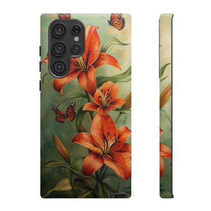 Tiger Lily Tough Phone Case, Flowers Floral Butterfly iPhone 16 15 14 13 Pro Max 12 11 8 Plus X XR XS Galaxy S24 S23 S22 S21 Google Pixel