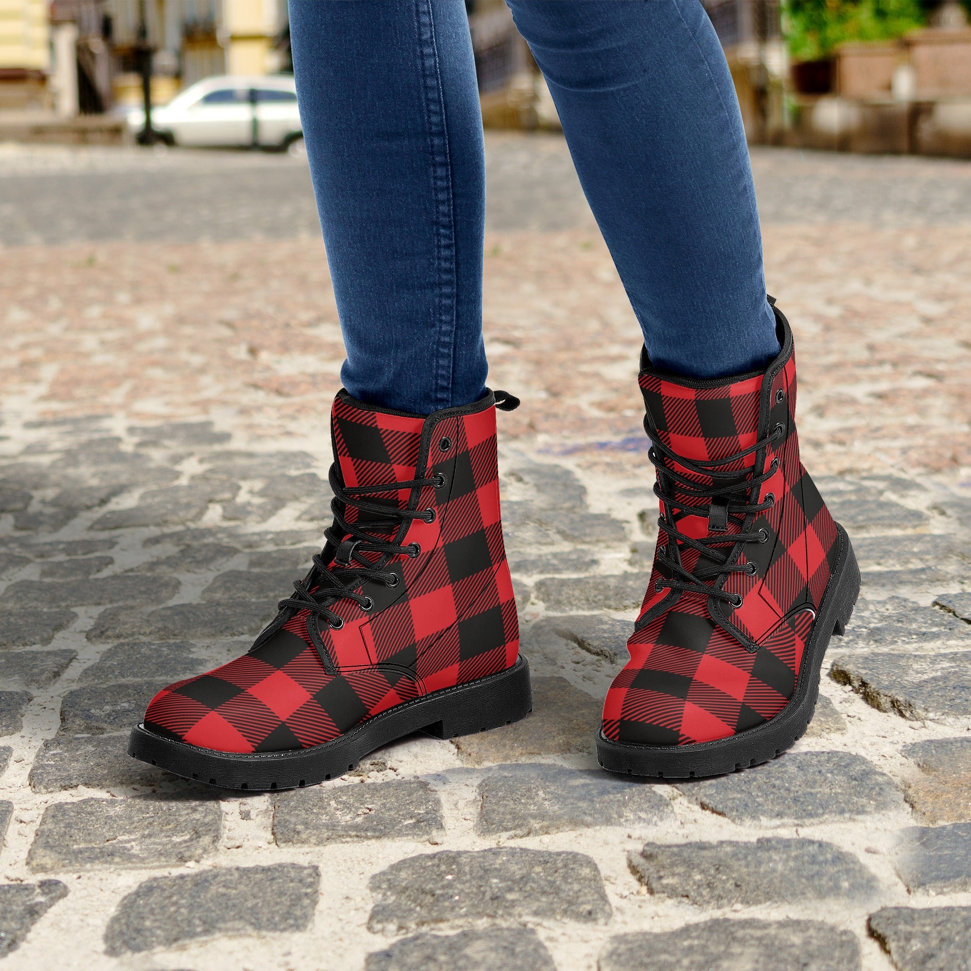 Red and black hot sale plaid booties