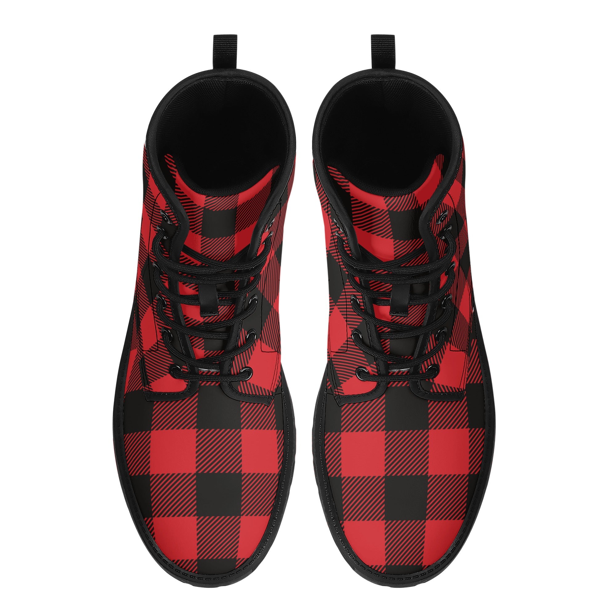 Red Buffalo Plaid Women Leather Boots Check Vegan Lace Up Shoes Hiking Festival Black Ankle Combat Work Winter Waterproof Custom Ladies US5 EU35